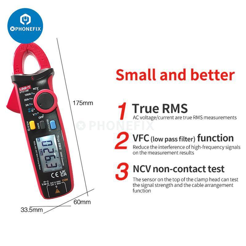 UNI-T UT210E digital clamp meter showing AC/DC current and voltage measurement display, handheld multimeter for electrical testing.