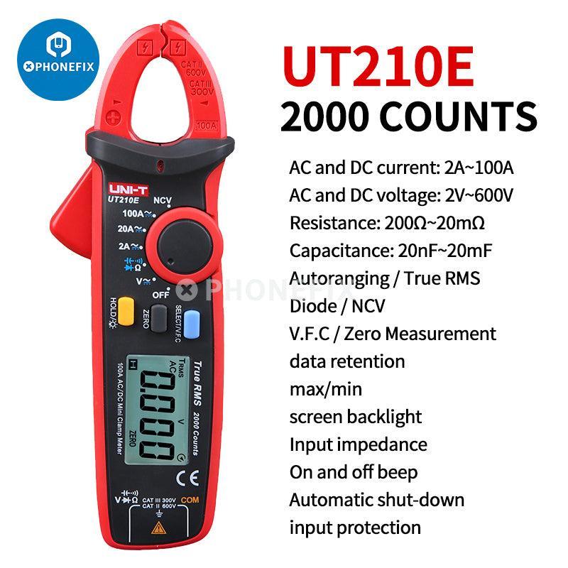 UNI-T UT210E digital clamp meter by PHONEFIX showing AC/DC current and voltage measurement on its digital display.