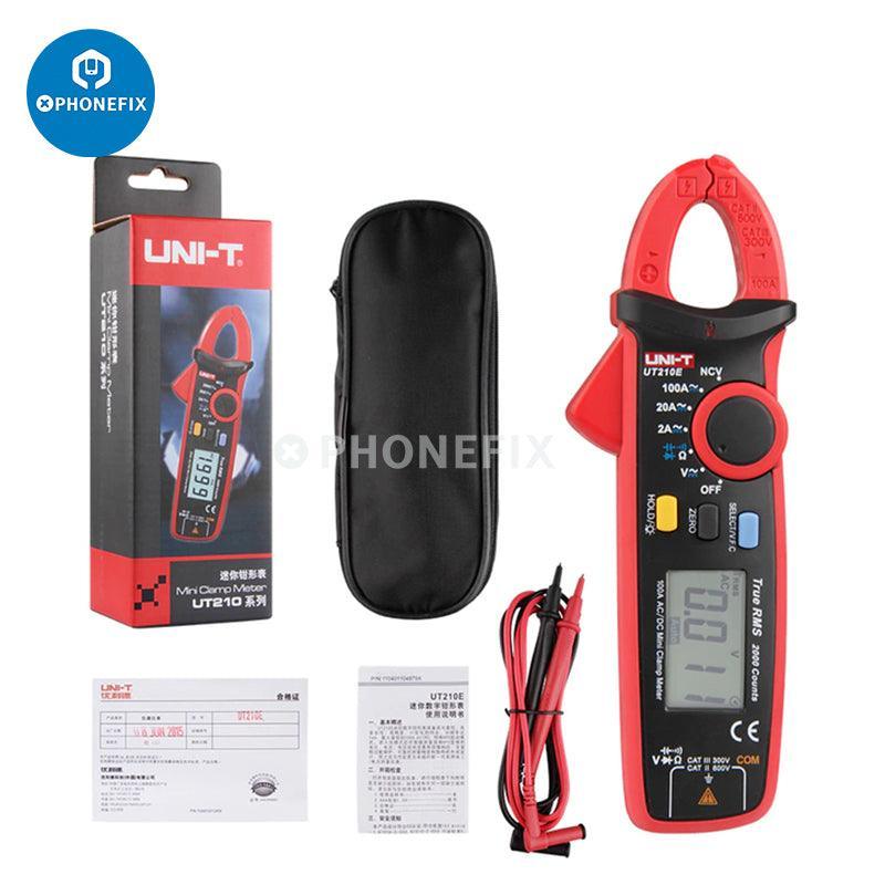 UNI-T UT210E digital clamp meter showing AC/DC current and voltage readings with display and clamp in use.