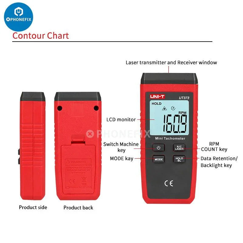 PHONEFIX UT-373 Mini Tachometer digital multimeter for non-contact rotation speed measurement, with a compact display and measurement buttons.