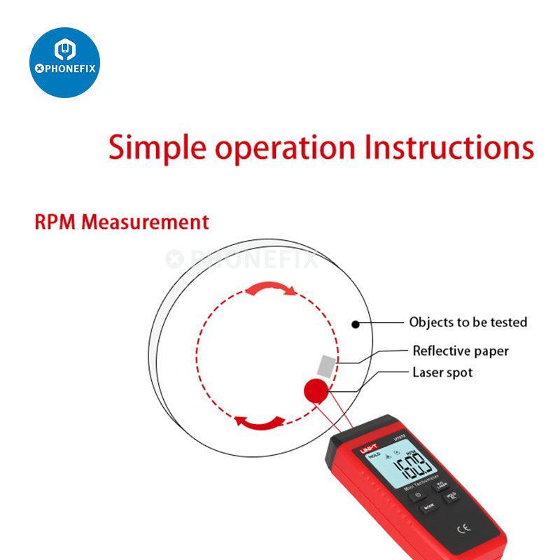 PHONEFIX UT-373 Mini Tachometer digital multimeter used for non-contact rotation speed measurement with display screen.