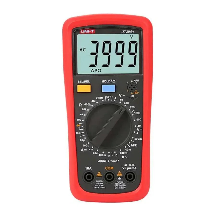 Portable PHONEFIX UT39A+ digital multimeter with LCD display, used for soldering and measurement tasks.