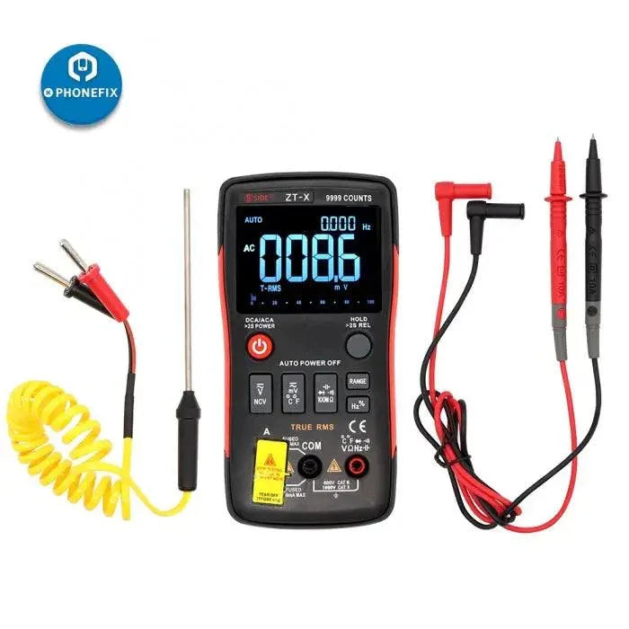 Multimètre numérique PHONEFIX ZT-X avec affichage LCD True RMS mesurant la tension CC et CA, le courant, la résistance et les ohms.