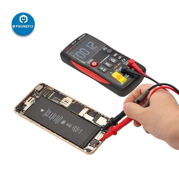 Multimètre numérique PHONEFIX ZT-X avec affichage LCD True RMS pour la mesure de la tension continue et alternative, du courant, de la résistance et des ohms.