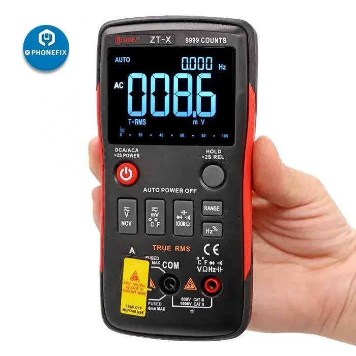 Multimètre numérique PHONEFIX ZT-X avec affichage LCD True RMS pour la mesure de la tension continue et alternative, du courant, de la résistance et des ohms.
