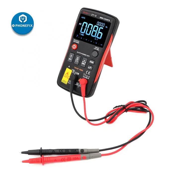 Multimètre PhoneFix ZT-X avec affichage LCD True RMS pour la mesure de la tension CC et CA, du courant, de la résistance et des ohms lors des tests électroniques.