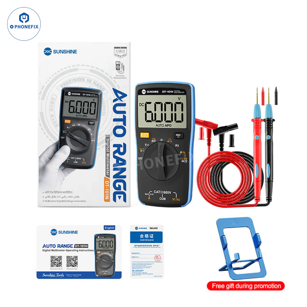 Digital multimeter SUNSHINE DT-101N by PHONEFIX with auto-range display and digital readout, shown in the image.