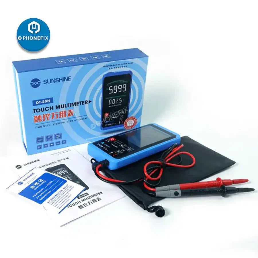 Multimètre numérique tactile Sunshine DT-20N de PHONEFIX affichant les mesures de tension et de courant sur un écran numérique.