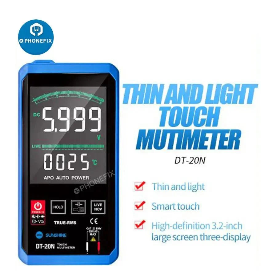 Multimètre numérique Sunshine DT-20N de PHONEFIX mesurant la tension et le courant, avec un affichage numérique et des sondes de test.