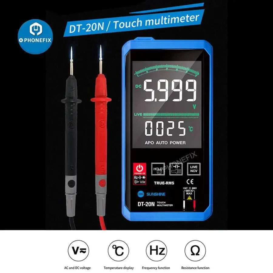 Multimètre numérique Sunshine DT-20N pour la mesure de tension et de courant de PHONEFIX, montrant l'affichage et les sondes de mesure.