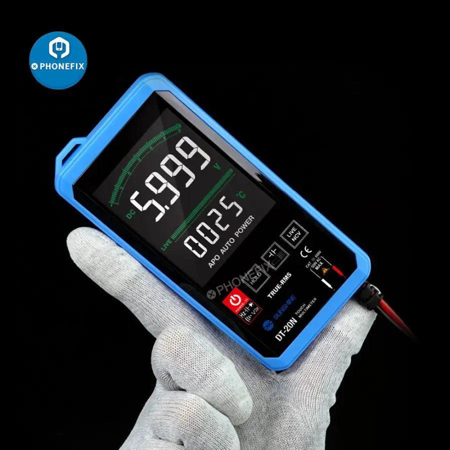 Multimètre numérique PHONEFIX, modèle Sunshine DT-20N Touch, mesurant la tension et le courant avec affichage numérique et interface tactile.