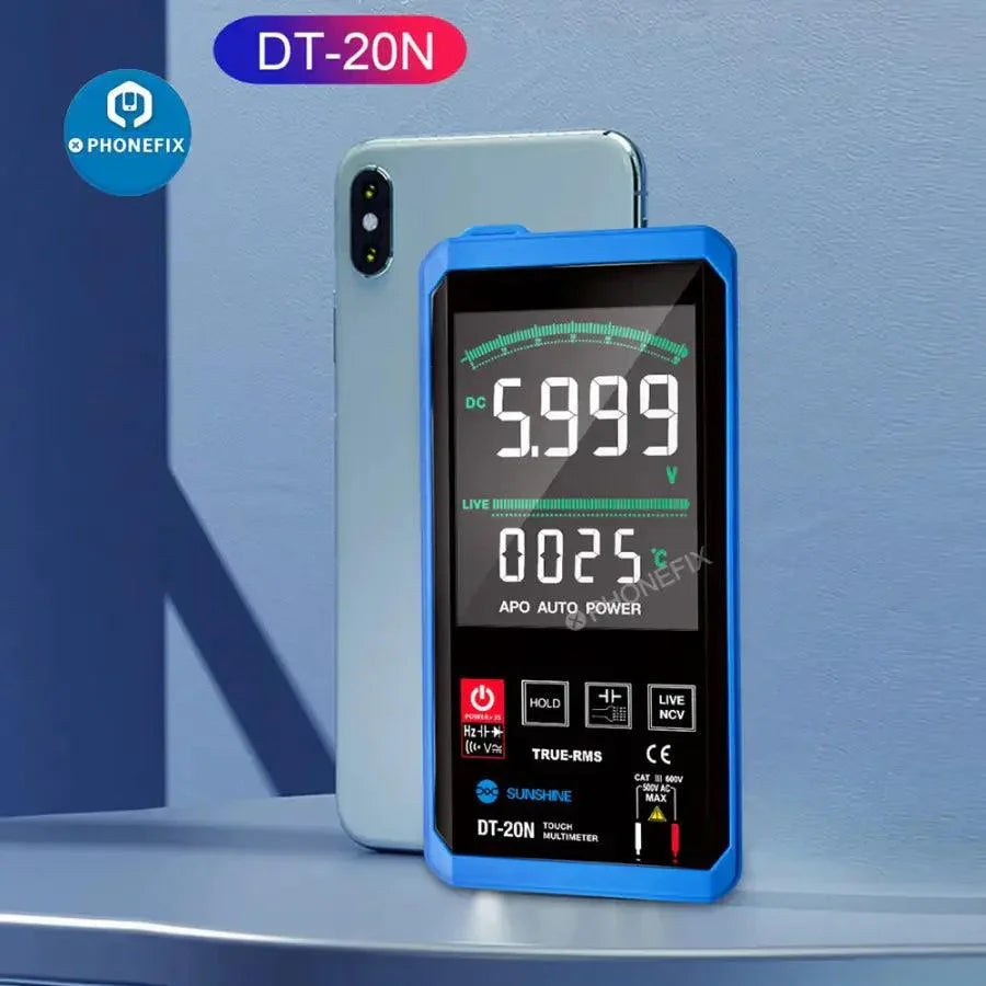Multimètre numérique Sunshine DT-20N de PHONEFIX affichant les mesures de tension et de courant avec des sondes de test.