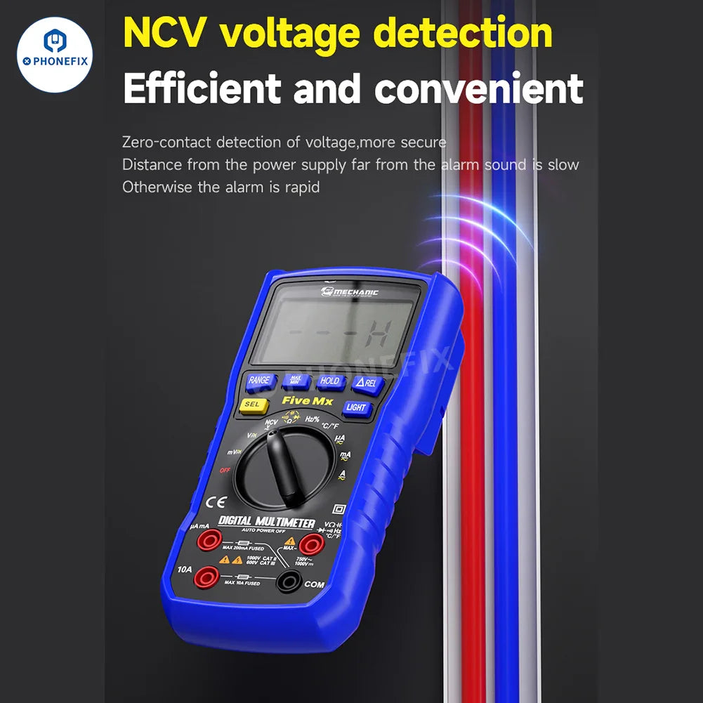 PHONEFIX Mechanic Mini TD Five MX digital multimeter with NCV, temperature measurement, and versatile testing features.
