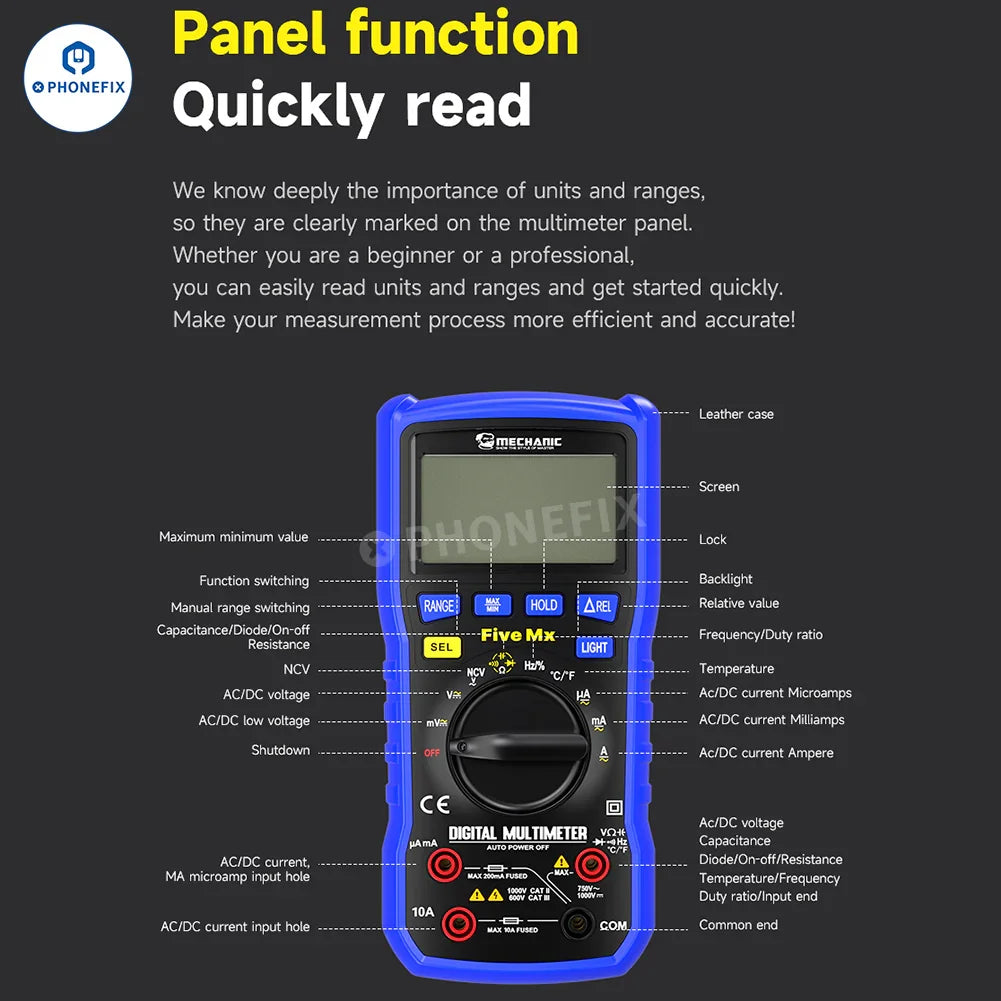 PHONEFIX Mechanic Mini TD Five MX digital multimeter with NCV and temperature measurement features, showing display and test probes.