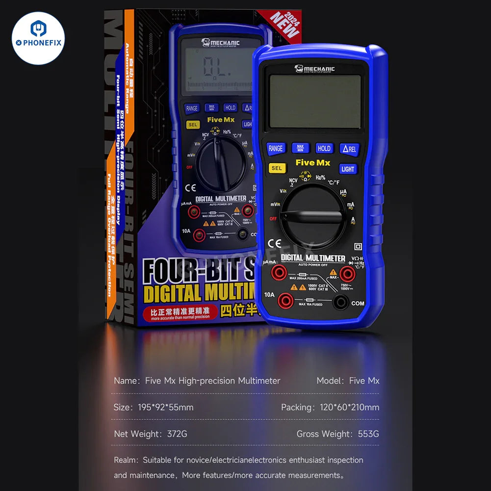PHONEFIX Mechanic Mini TD Five MX digital multimeter showing digital display with NCV and temperature measurement features.