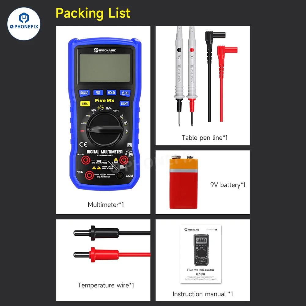PHONEFIX Mechanic Mini TD Five MX digital multimeter displaying voltage readings with NCV and temperature measurement features.