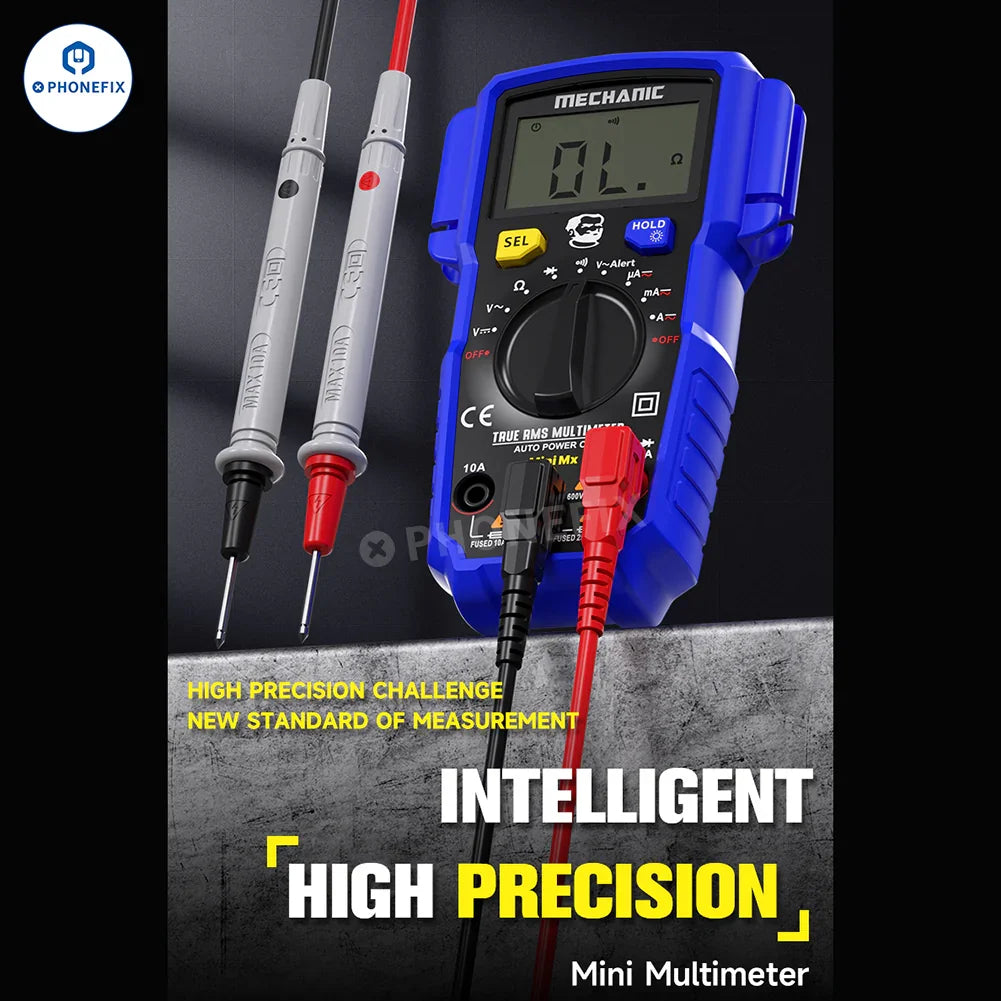 PHONEFIX Mechanic Mini TD Five MX digital multimeter with NCV and temperature measurement features, showing a close-up of the device display.