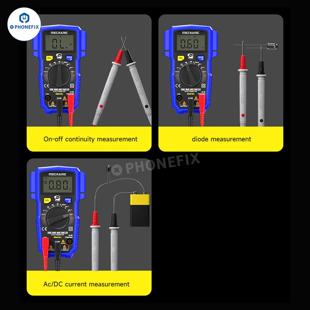 PHONEFIX Mechanic Mini TD Five MX digital multimeter with NCV and temperature measurement features, compact and user-friendly.