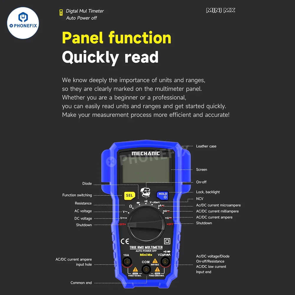 PhoneFix Mechanic Mini TD Five MX digital multimeter displaying readings, with NCV and temperature measurement features.