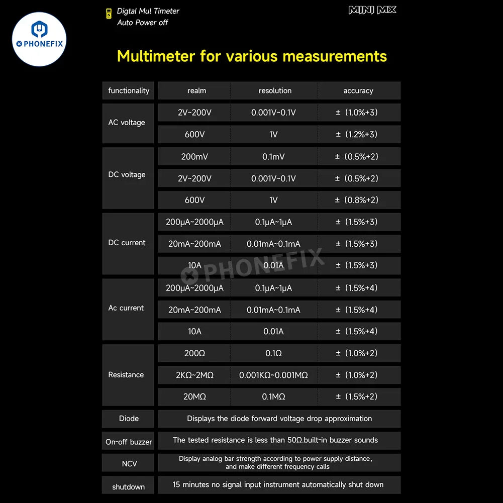 PHONEFIX Mechanic Mini TD Five MX digital multimeter with NCV and temperature measurement features, compact handheld testing device.