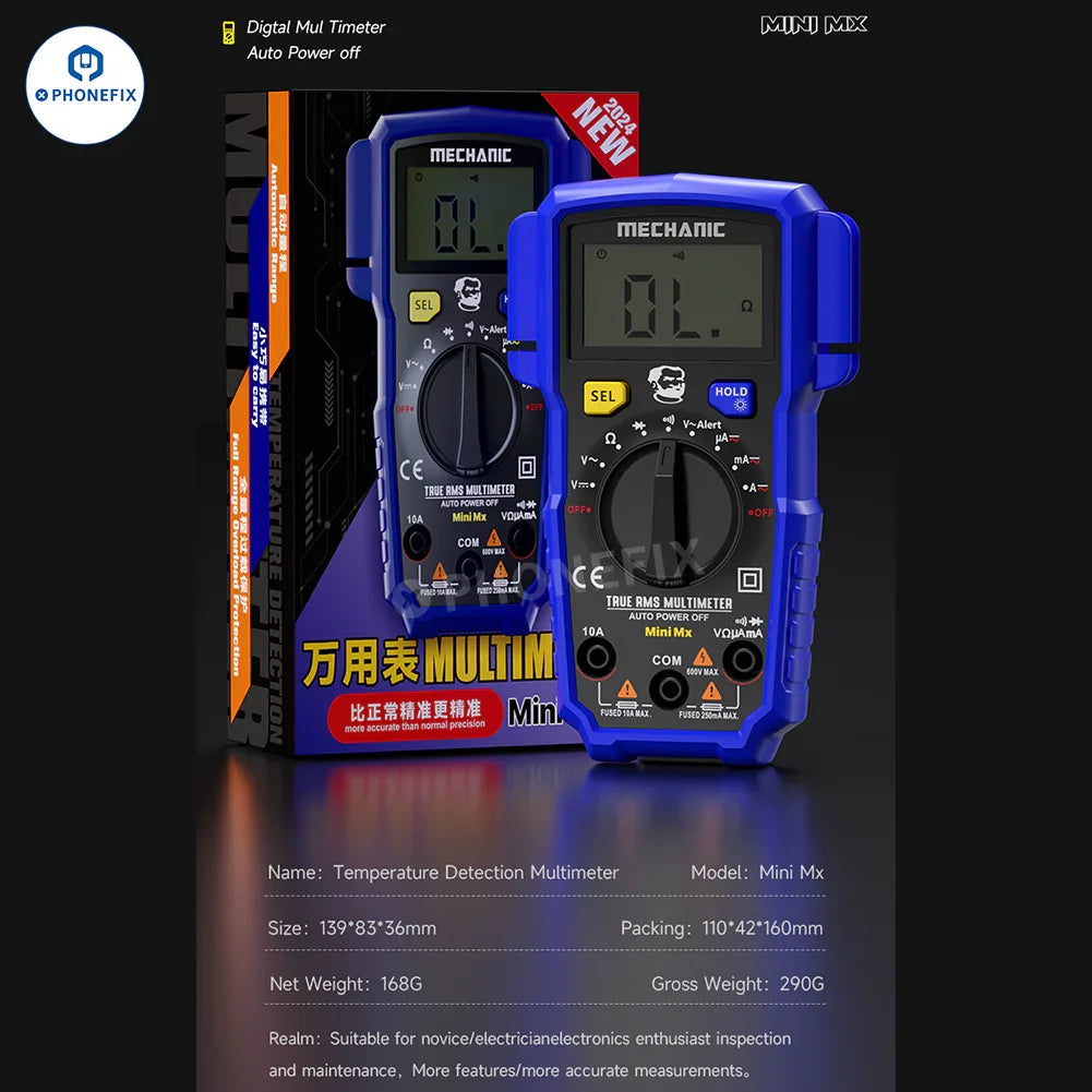 PHONEFIX Mechanic Mini TD Five MX digital multimeter with NCV and temperature measurement features, compact and handheld.