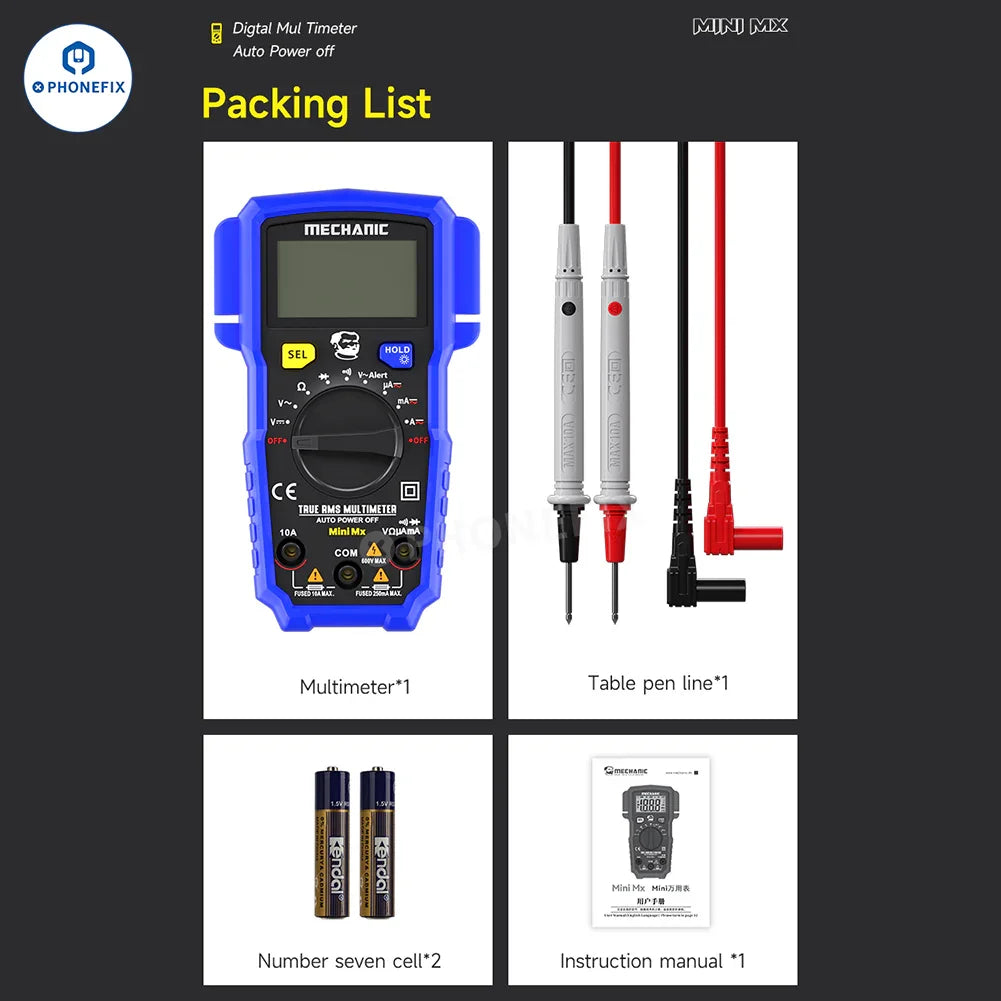 Phonefix Mechanic Mini TD Five MX digital multimeter with NCV and temperature measurement features, compact and versatile testing tool.