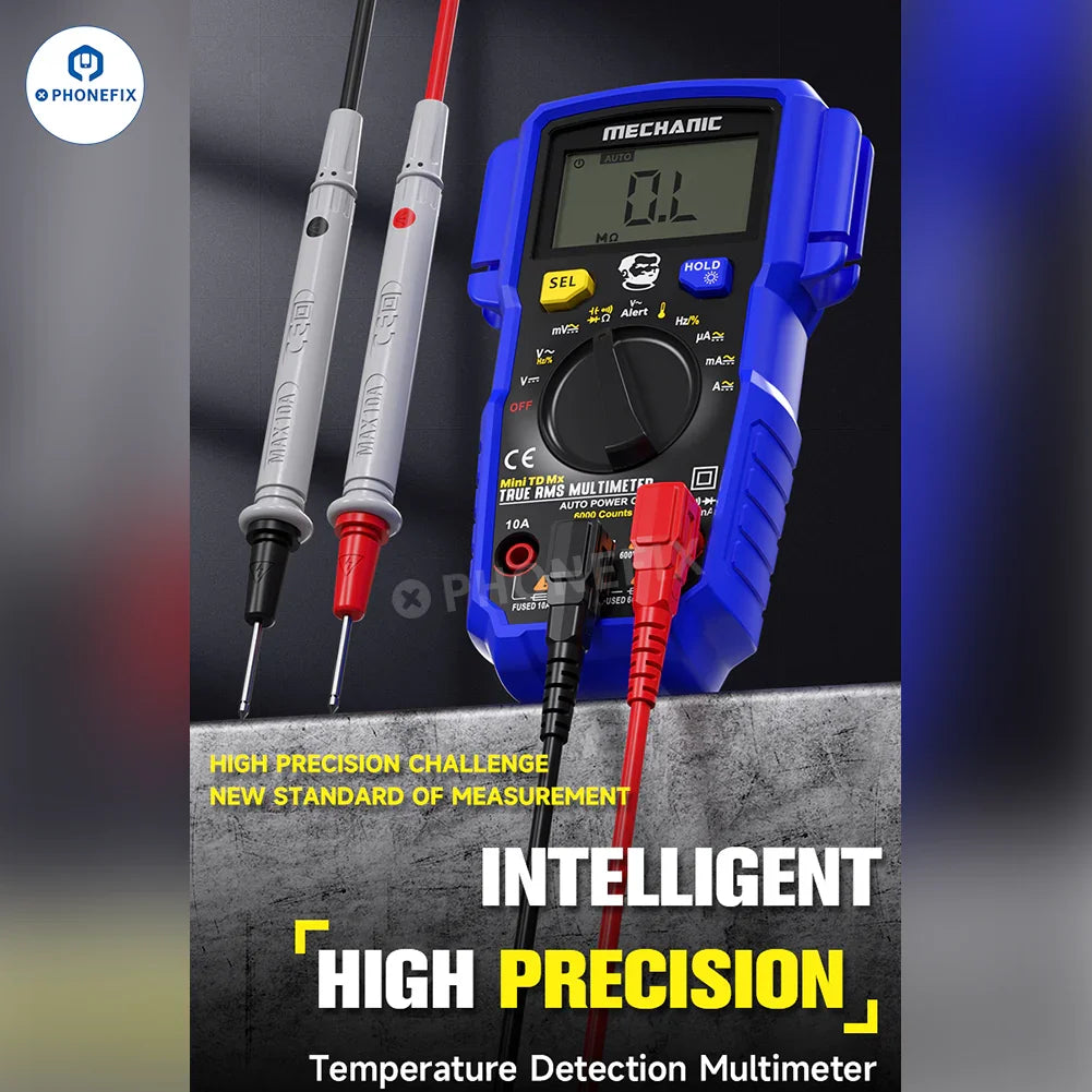 PHONEFIX Mechanic Mini TD Five MX digital multimeter showing NCV, temperature measurement, and digital display for electrical testing.