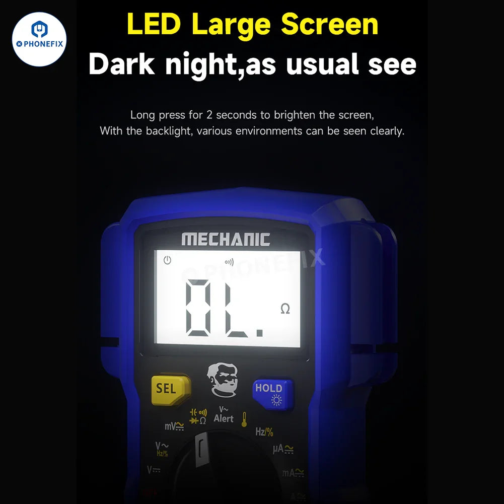 PHONEFIX Mechanic Mini TD Five MX digital multimeter with NCV and temperature measurement features, compact and versatile for electrical testing.