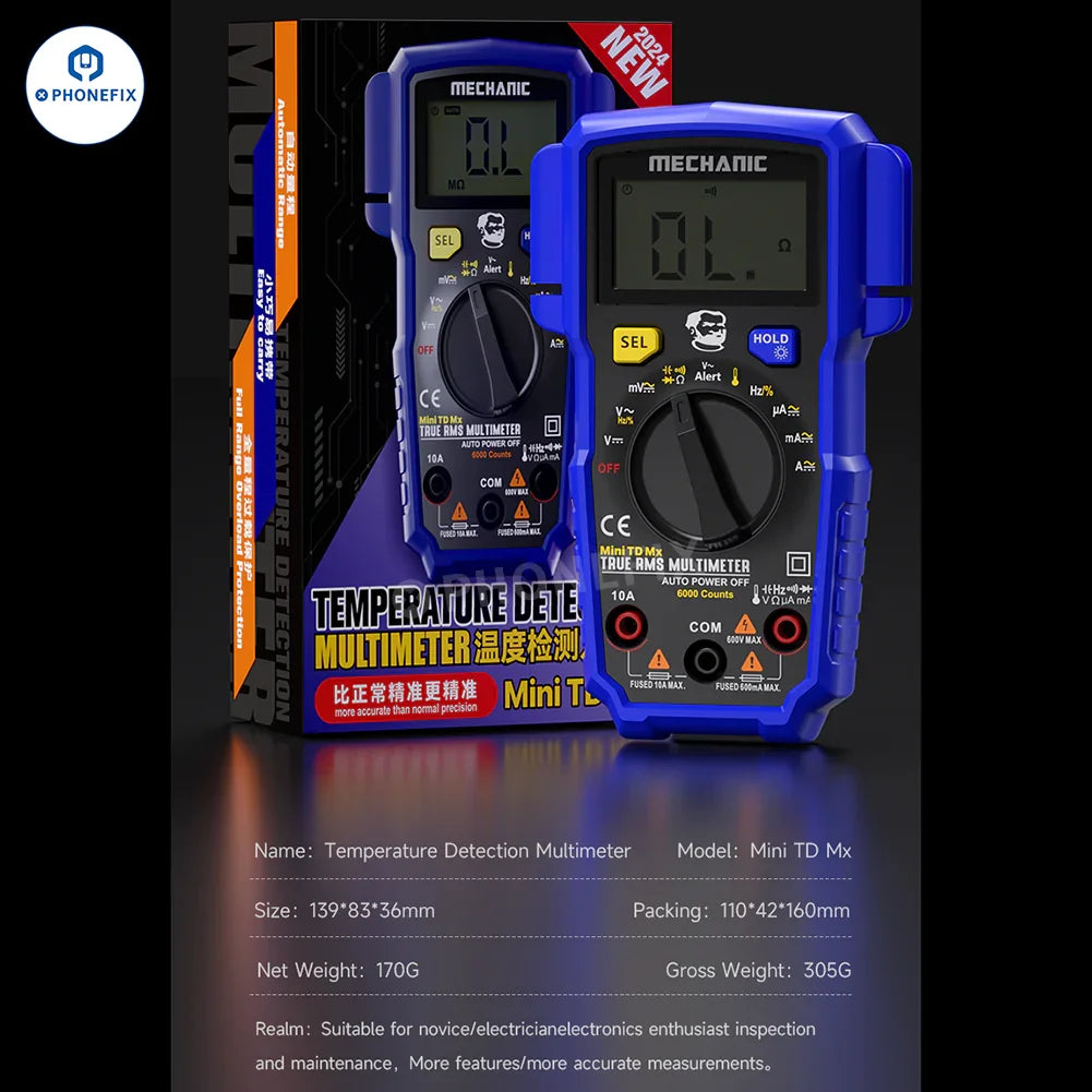 PHONEFIX Mechanic Mini TD Five MX digital multimeter with NCV and temperature measurement features, displaying its compact design.