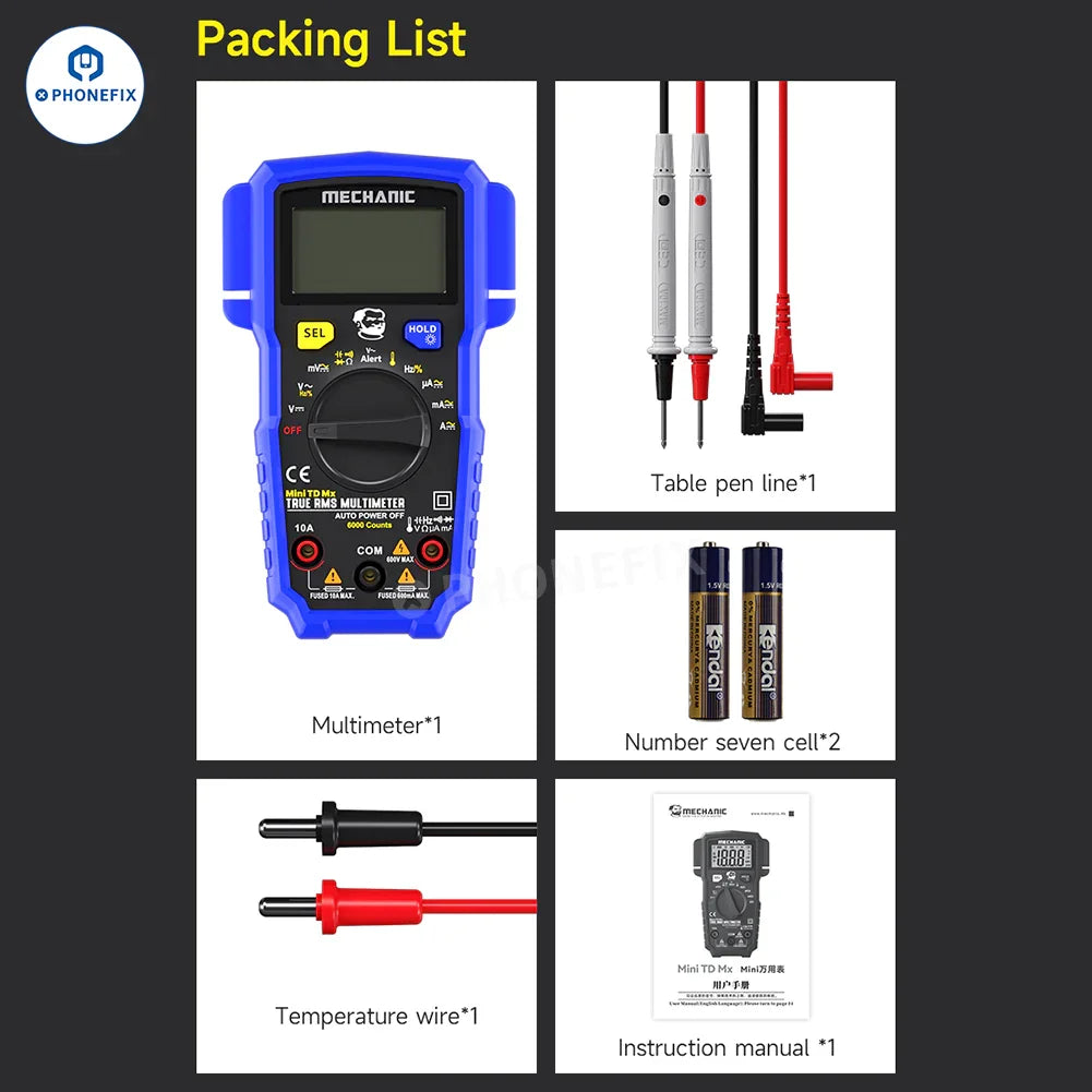 PHONEFIX Mechanic Mini TD Five MX digital multimeter with NCV and temperature measurement features, showing its compact design and display.