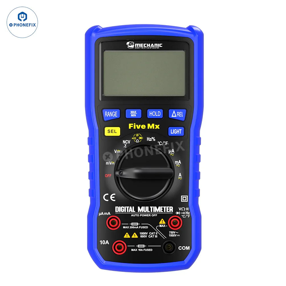 PHONEFIX Mechanic Mini TD Five MX digital multimeter with NCV and temperature measurement features, showing a close-up of the device.
