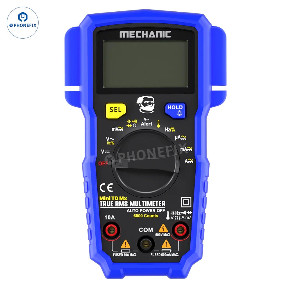 PHONEFIX Mechanic Mini TD Five MX digital multimeter with NCV and temperature measurement features, compact and portable device.