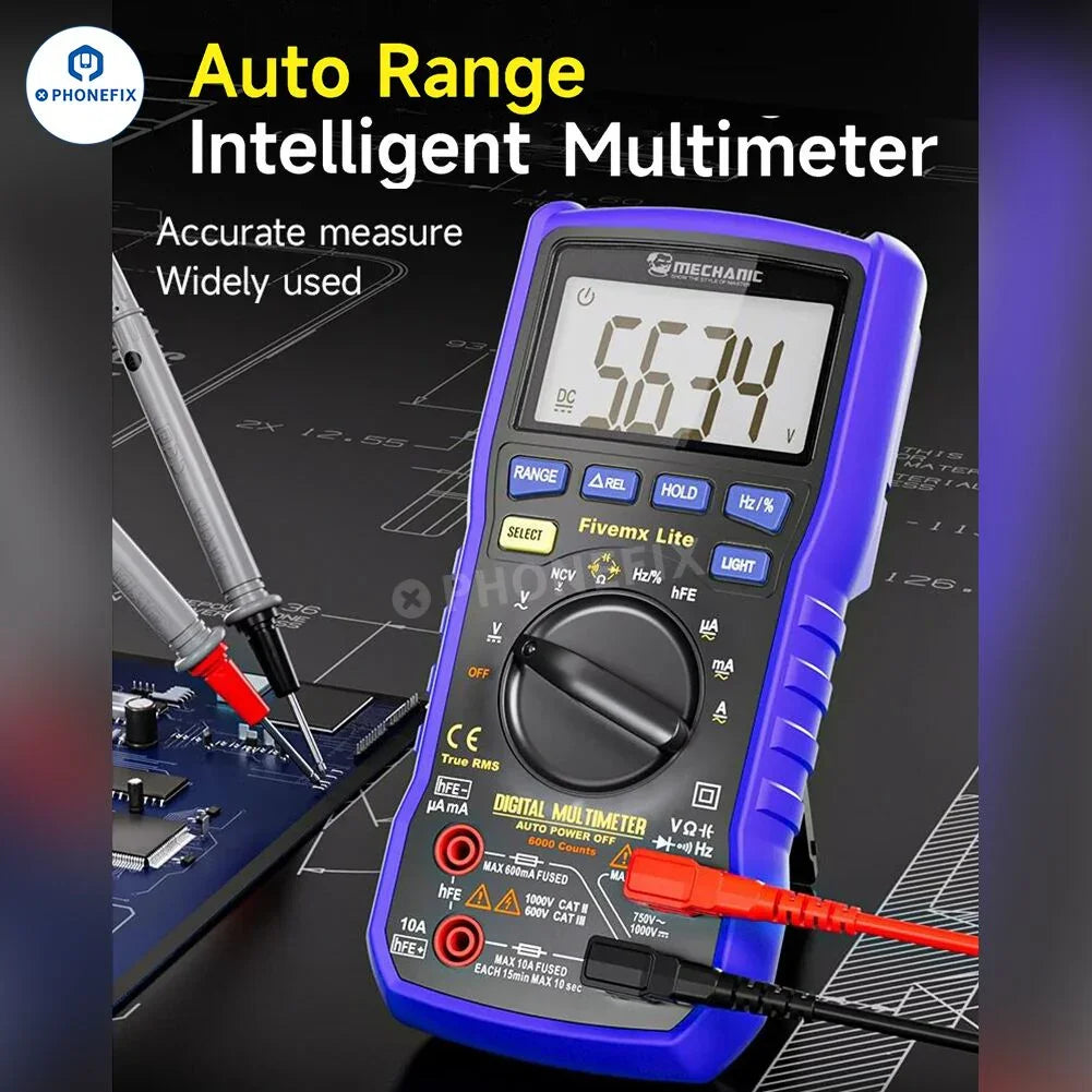 PHONEFIX Mechanic Mini TD Five MX digital multimeter with NCV and temperature measurement features.