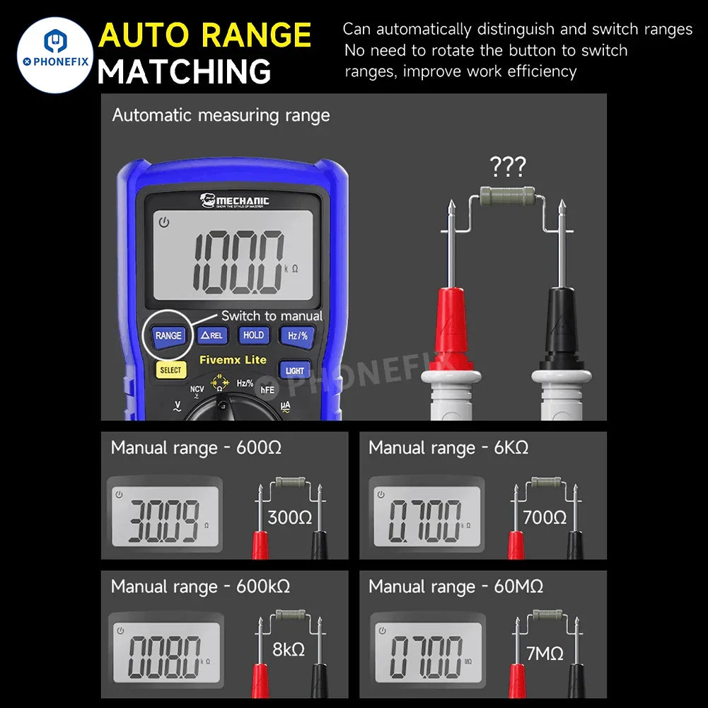 PHONEFIX Mechanic Mini TD Five MX digital multimeter with NCV and temperature measurement features, showing a compact handheld device.