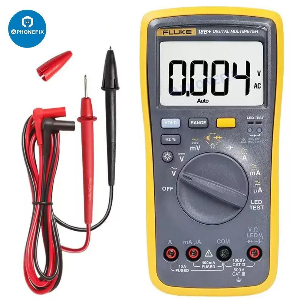 Fluke 15B+ 17B+ 18B+ digital multimeter from PHONEFIX, showing voltage and frequency testing features on a handheld device.