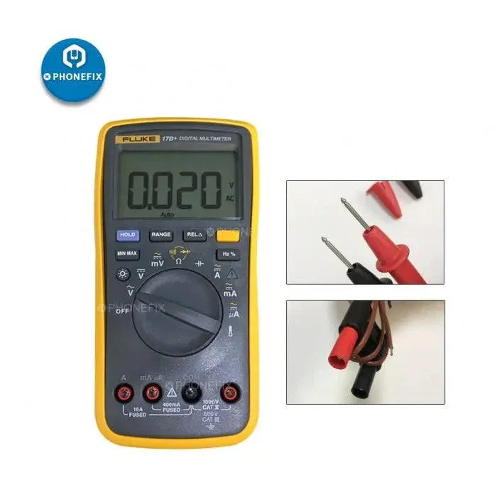 Fluke 15B+, 17B+, 18B+ digital multimeter and voltage frequency tester by PHONEFIX showing display and testing probes.