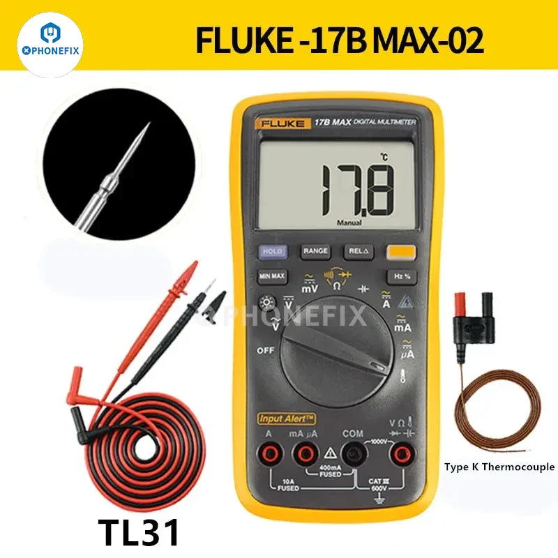 Fluke 17B+ digital multimeter and voltage frequency tester, PHONEFIX brand, measuring electrical voltage and frequency features.