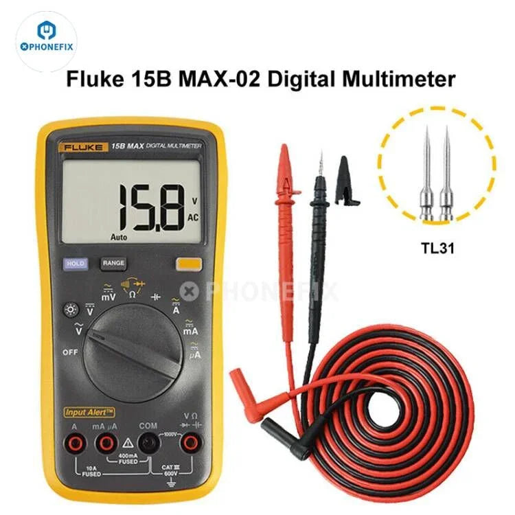 PhoneFix Fluke 15B+ digital multimeter with LCD display, voltage and frequency tester for electrical measurements.