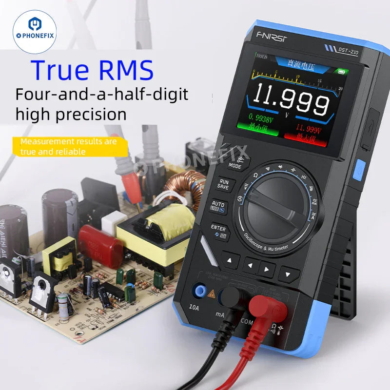 Digital multimeter, oscilloscope, and signal generator by PHONEFIX, featuring a compact 3-in-1 design for electronic testing.