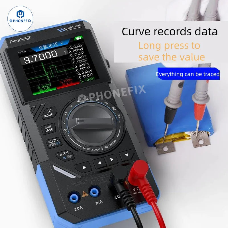 PhoneFix DST210 3-in-1 digital multimeter, oscilloscope, and signal generator with display and measurement probes.