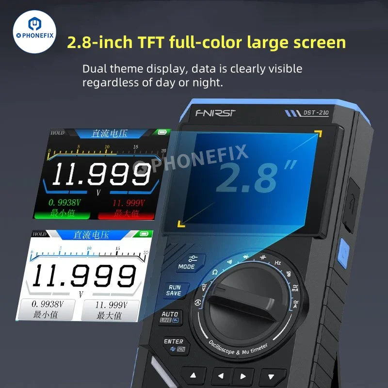 PhoneFix DST210 digital multimeter with oscilloscope and signal generator functions, 3-in-1 versatile testing tool.