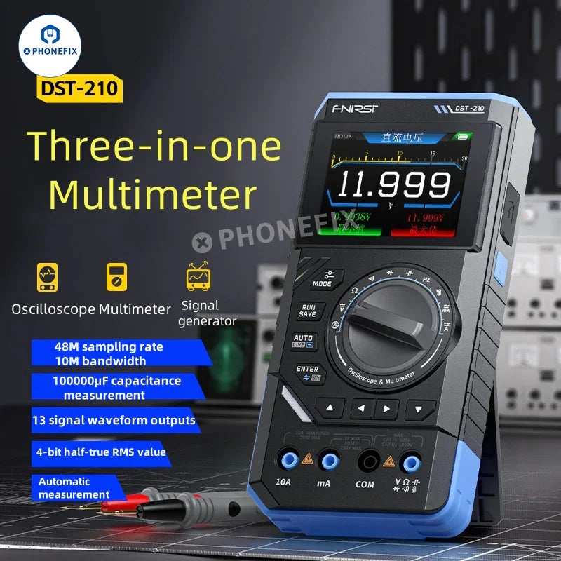Digital multimeter, oscilloscope, and signal generator by PHONEFIX, compact 3-in-1 testing device with display screen