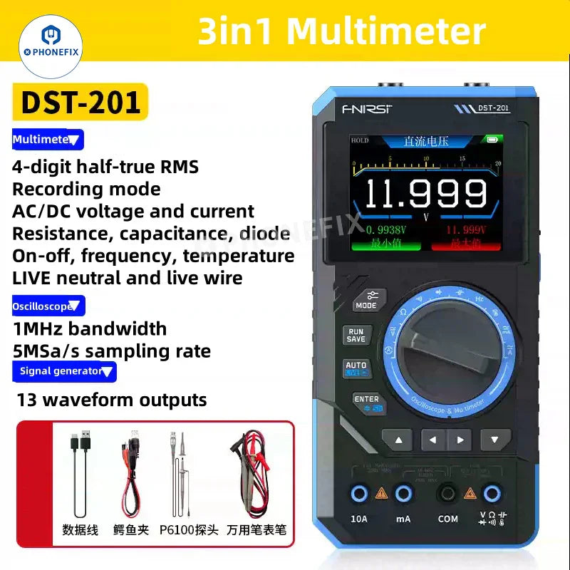 PhoneFix DST210 digital multimeter with oscilloscope and signal generator, 3-in-1 multifunction device for electrical testing.