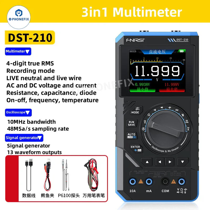 PhoneFix DST210 3-in-1 digital multimeter and oscilloscope with signal generator, compact handheld testing device.