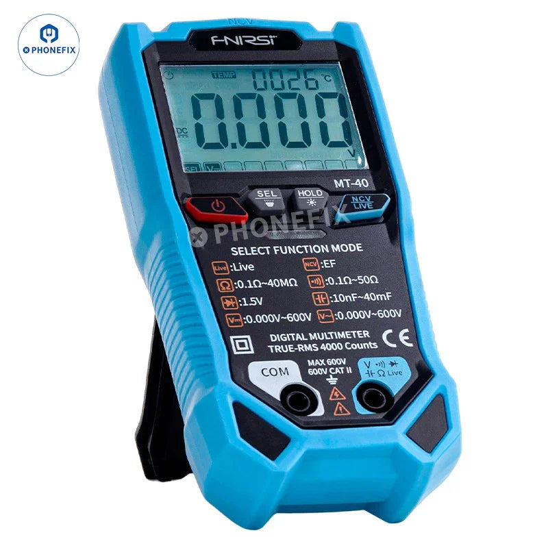 FNIRSI MT-40 digital multimeter by PHONEFIX, showing a compact auto-range multimeter with digital display and measurement ports.