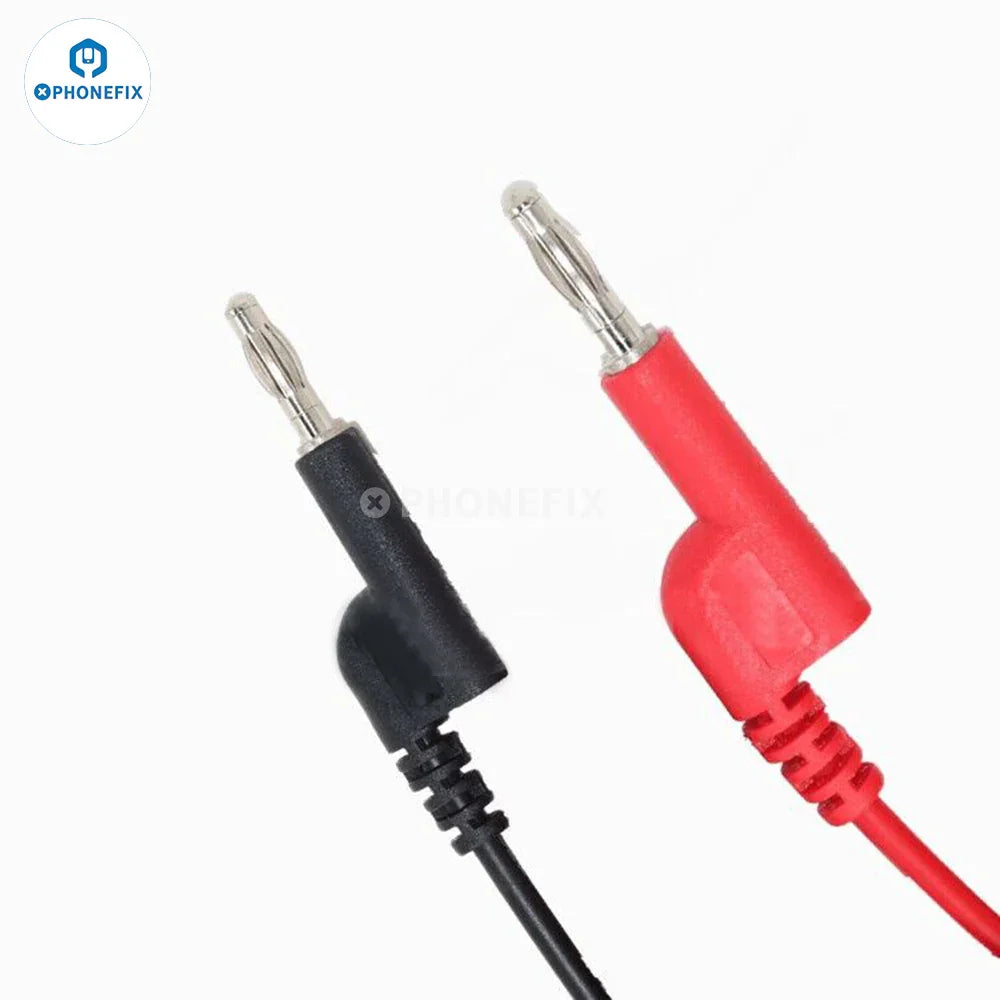 Double-ended 4MM banana plug test leads for digital multimeter testing, branded PHONEFIX, with black and red insulated connectors.