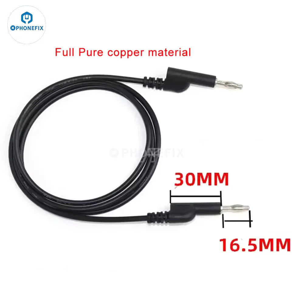 PHONEFIX double-ended 4mm banana plug test leads for digital multimeter testing, showing insulated connectors and flexible wires.