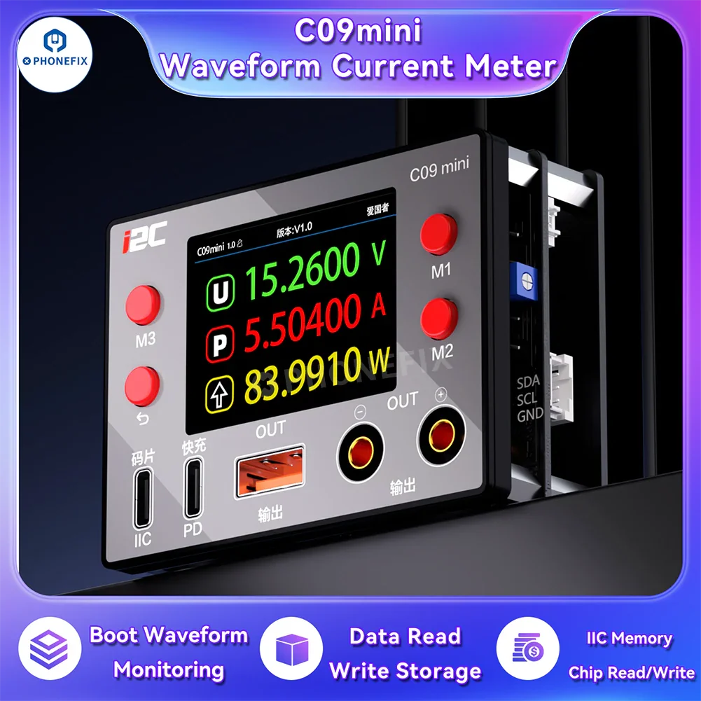 PhoneFix i2C C09mini digital multimeter displaying phone start-up current and charging analysis, with a clear digital screen.