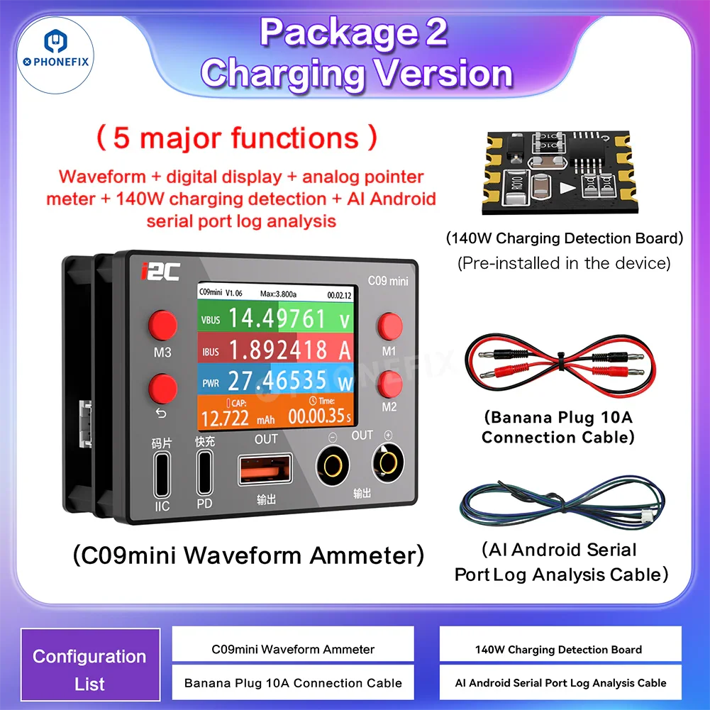 Digital multimeter i2C C09mini by PHONEFIX measuring phone start-up current and charging analysis with digital display.