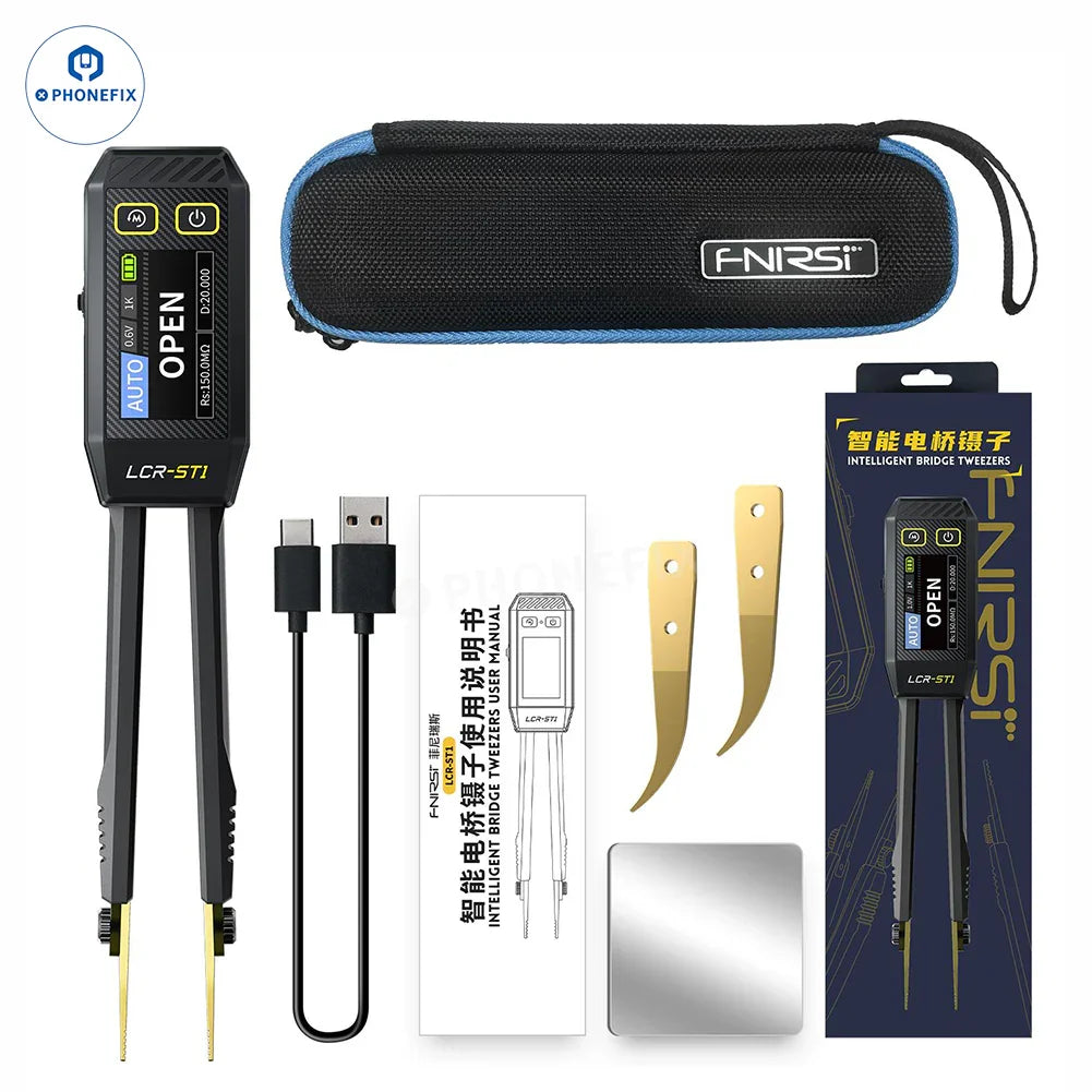 FNIRSI LC1020E LCR-ST1 digital tweezers bridge and LCR ESR tester from PHONEFIX, showing the compact device with display and probes.